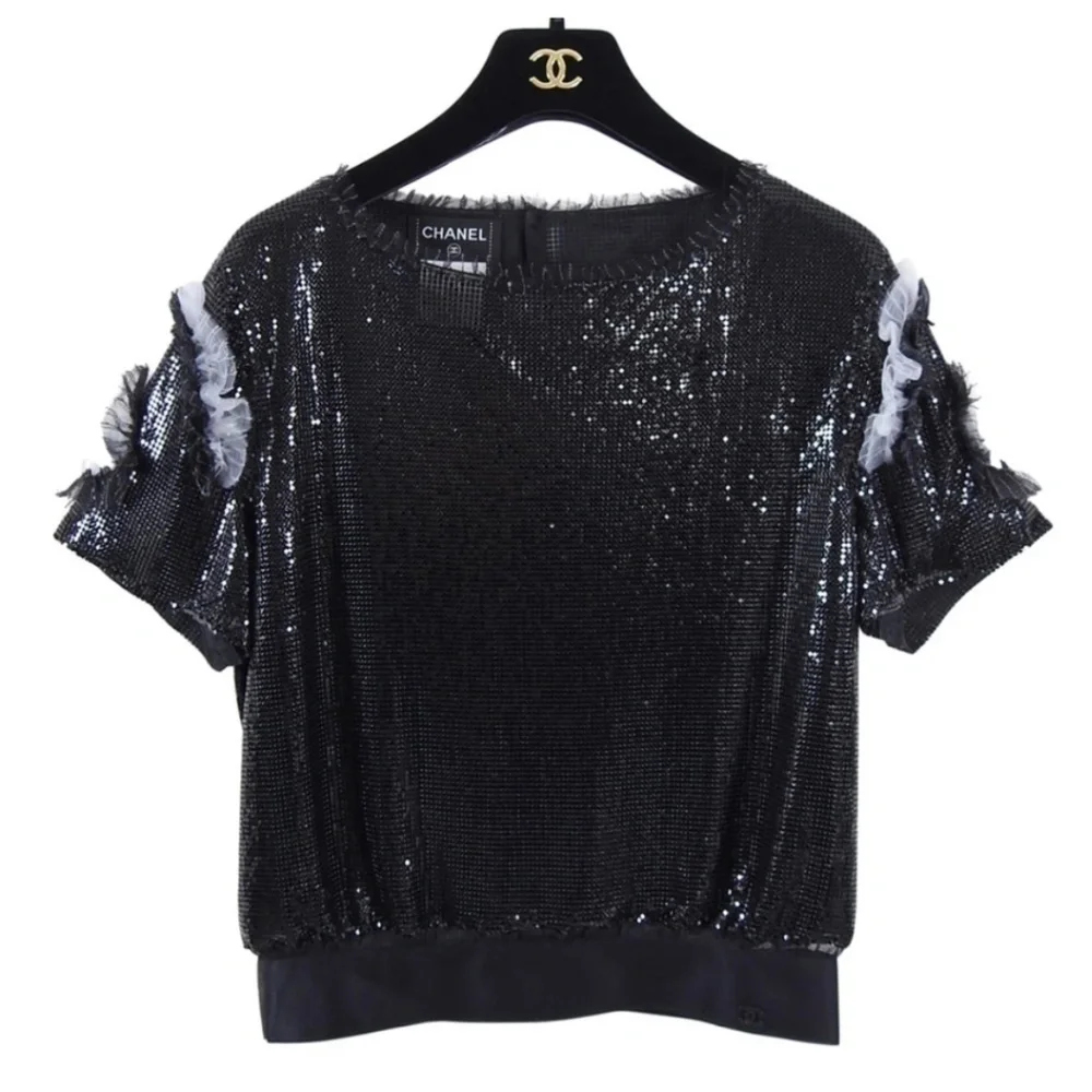 Circa Chanel 2008 Runway Sequin Black Silk top Sz 38 - Picture 4 of 13